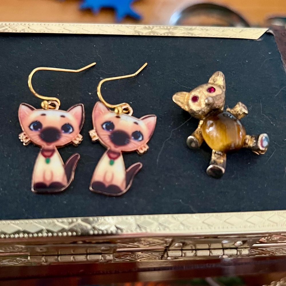 Kitty Cat Earrings and Vintage Brooch Set